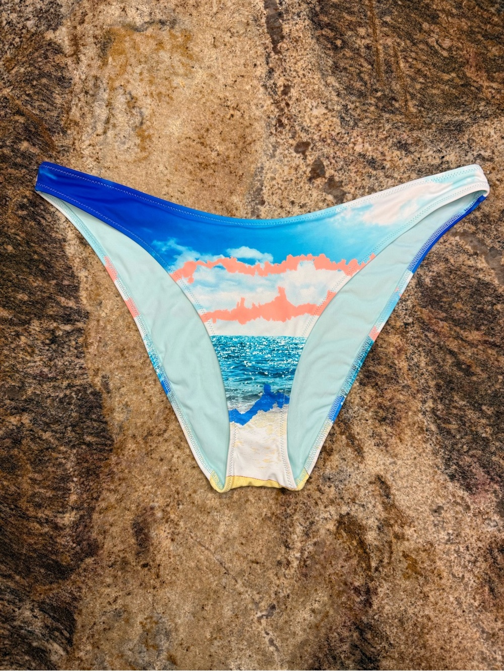 aerie Blue and Coral Ocean Print Bikini Bottom